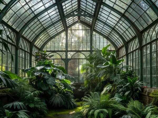 Lush green plants growing inside a large historical glass greenhouse structure
