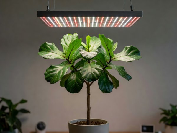 An indoor full-spectrum LED grow light positioned above a healthy young tropical tree