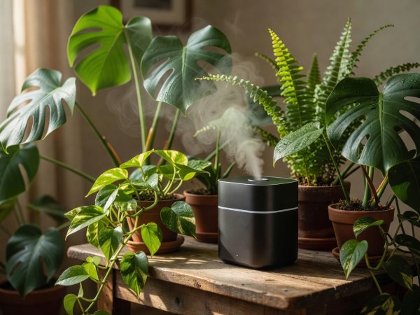 A small sleek humidifier releasing a gentle mist next to lush indoor greenery