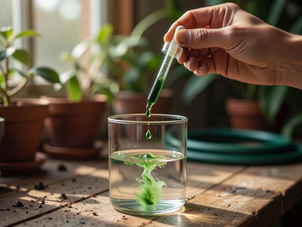 A dropper measuring out liquid fertilizer into a glass watering vessel