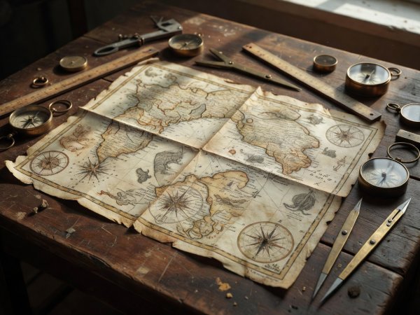 An antique map laying on a wooden table with compasses and measuring tools