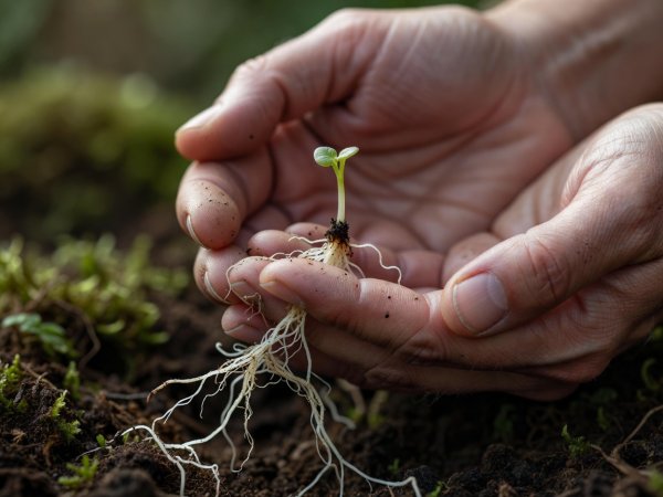 Two hands gently holding a freshly sprouted seed with intricate roots