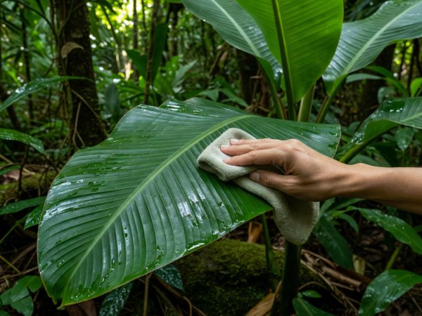 A hand gently wiping a broad tropical leaf with a soft damp cloth